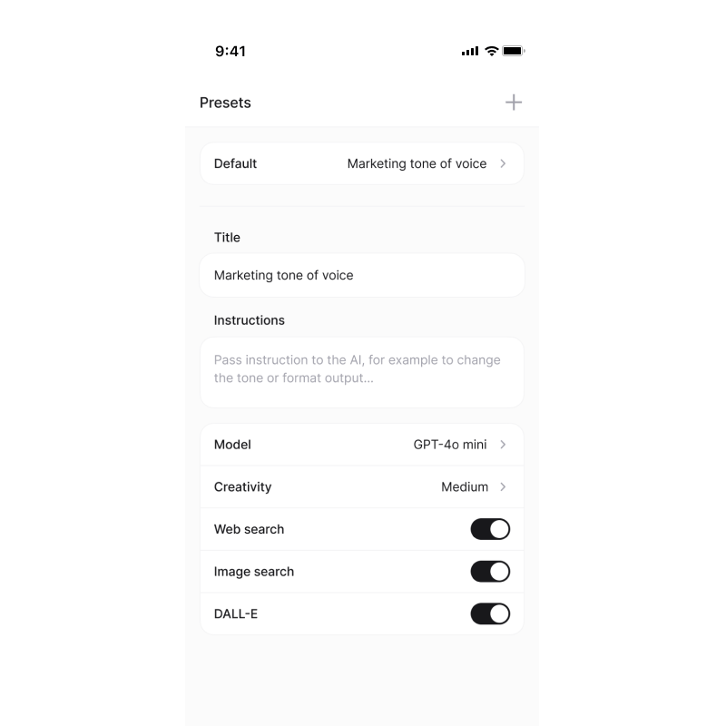 AI preset settings for knowledge base AI app