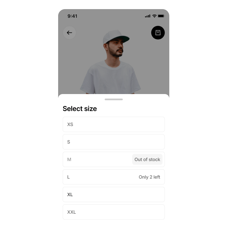 Size selection for item in Woov store